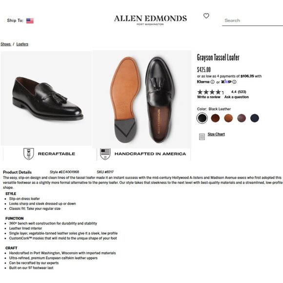 Allen Edmonds Grayson Dress Shoes Mens 10D Black Leather Classic Tassel Loafers - Picture 6 of 15